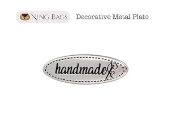 Set of 2 - Decorative Metal Plate with handmade Script, Oval Metal Label, Metal Plate, Metal Tag for Handmade Bag (Nickel Finish)