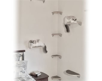 8pc Floating Corner Cat Tree - Lunar Collection Modern Cat Furniture, Cat Shelves, Cat Wall Shelves, Cat Wall Bed, Cat Wall Perch, Cat Shelf