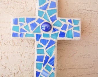 Mosaic Cross Decorative Cross Blue Wall Cross Hanging Cross Religious Gift Blue Home Decor Stained Glass Mosaic Art Boy's Room Cross