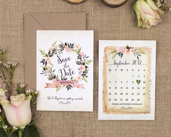 Rustic Save The Date Card - A6 Rustic Wreath