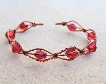 Copper Wire Wrapped Red Beaded Cuff Bracelet By Distinctly Daisy