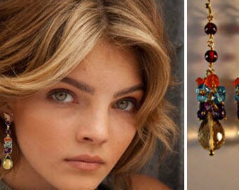Gold Gemstone Cluster Earrings, gemstone earrings, gold earrings, cluster earrings, drop earrings, dangle earrings
