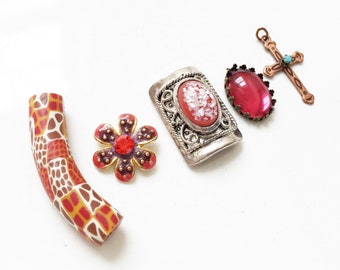 craft lot destash of coral red orange copper salvaged jewelry components for repurposing--mixed lot of 5