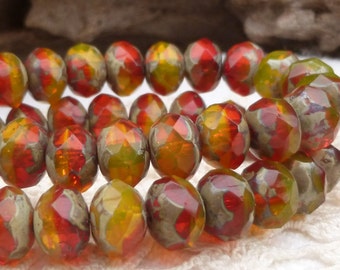 6x8 Orange and Yellow Faceted Rondelle Glass Czech Beads, (12 beads) - 1039/RON8