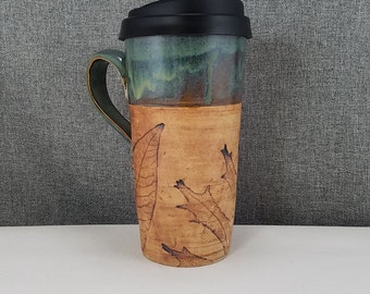 IN STOCK*Ceramic Travel mug / Commuter mug with silicone lid - Olive Blue / Leafs