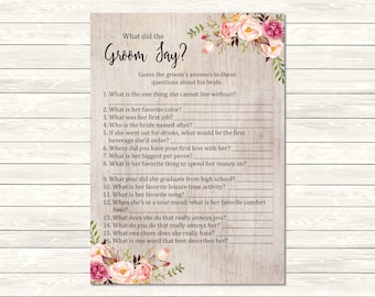 Rustic Boho What Did the Groom Say Game, Printable Pink Floral Boho What Did the Groom Say Activity, Bohemian Game, Instant Download, 110-A