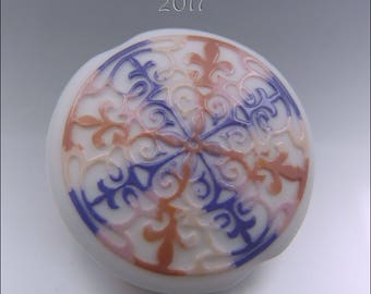 PURPLE & PEACH SCROLLS – Sandblasted Lentil Focal Bead – Lampwork Pendant Focal Handmade Supplies - by Stephanie Gough sra fhfteam leteam