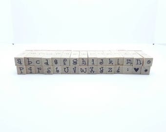 Gently Used Alphabet Stamps, DESTASH, wood mounted rubber stamp set, tiny alphabet stamps