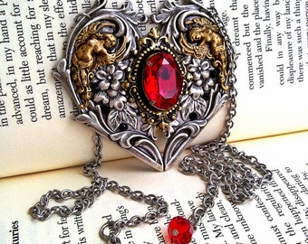 Gothic Necklace Swarovski Necklace Red Crystal Necklace Gothic Heart Statement Necklace Gothic Jewelry Victorian Jewelry