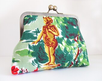 Green Gold Red Park Statue Montclair Vintage Barkcloth Fabric 6" Antique Brass Kisslock Frame Mini Crossbody Shoulder Wristlet Clutch Purse