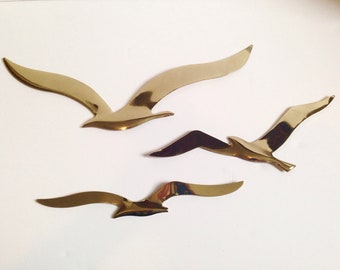 Set of 3 Minimalist Brass Seagull Wall Decor Plaques Bird Flight