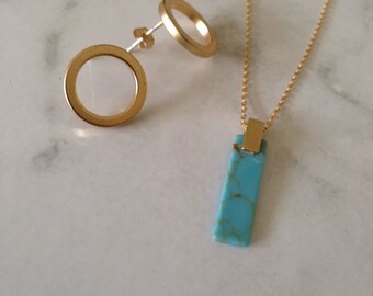 Turquoise Necklace and Matte gold plated earrings Set