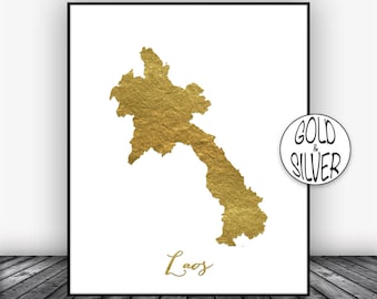 Laos Print, Laos Art Print, Gold Wall Decor, Laos Map Decor, Wall Art Prints, Moving Away Gift, Housewarming Gift, GoldArtPrint