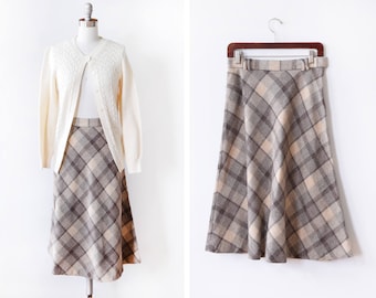 vintage plaid skirt, 80s wool skirt, brown + gray knee length a line midi skirt, medium m