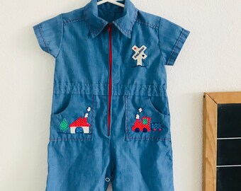Vintage baby blue romper, 60s baby outfit, 60s little boy outfit, 60s baby romper, collared vintage baby outfit, vintage train outfit,