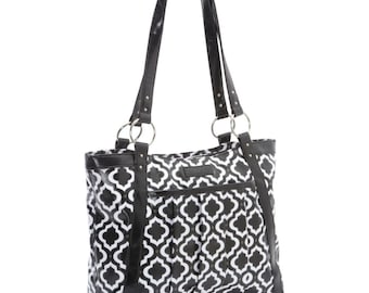 Black and White Moroccan Laptop Bag -Women's Laptop Bag, Laptop Tote, Coated Canvas and Vegan Leather