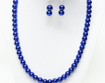 8mm Dark Lapis Glass Pearl Necklace & Earrings Set