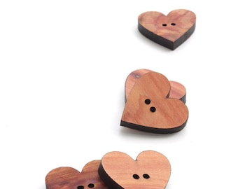 Wood Buttons - Six Cedar Heart Buttons Laser Cut from Sustainable Harvest Wisconsin Wood . Timber Green Woods