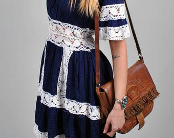 Vintage 1970's 'Sweetheart of the Rodeo' Blue and White Crochet Dress S4