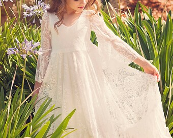 First Communion Dress, Flower Girl Off White Lace Dress, Boho-chic Girls Dress, Lace dress girls, Boho flower girl dress, Bohemian Wedding