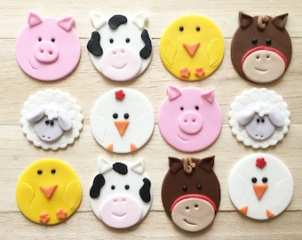 Farm animal cupcakes, fondant toppers, barn animal, animal cupcake toppers, first birthday, baby shower, cow cupcakes, pig cupcakes, horse