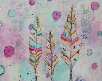 Dream like Abstract "Good Things Come In Threes" Feather painting on wood 20 x 20 by Jodi Ohl