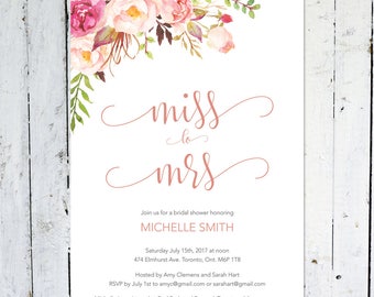 Bridal Shower Invitation, Miss To Mrs., Boho Bridal Shower Invitation, Pink, Floral, Pastel, Spring, Summer, Flowers, Watercolor, Printable