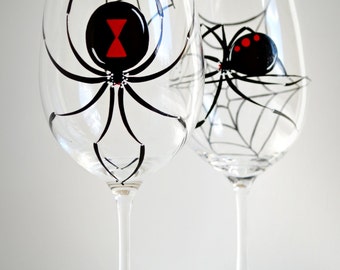 Black Widow Spider Wine Glasses - Set of 2 Hand Painted Halloween Glasses
