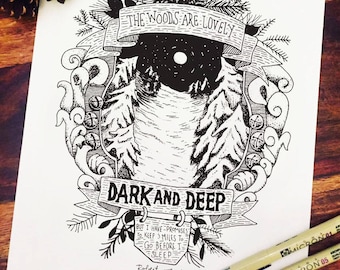 The Woods Are Lovely Dark and Deep Print - Robert Frost Poetry - Vintage Style Art