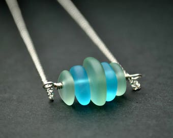 Sea glass necklace, sterling silver, 14k gold filled, beach glass necklace, green blue sea glass jewelry, bridesmaid gift for women KN502