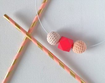 Wooden geometric choker necklace with crocheted cotton balls