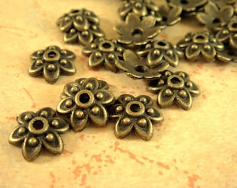50 Antique Bronze Bead Caps Antique Flower Tibetan Style LF/NF/CF 9mm - 50 pc - F4060BC-AB50