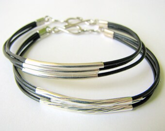 Thin Black Leather Bracelet with Silver Tubes