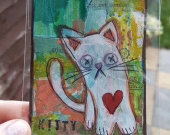 Kitty cat mixed media atc artist trading card aceo
