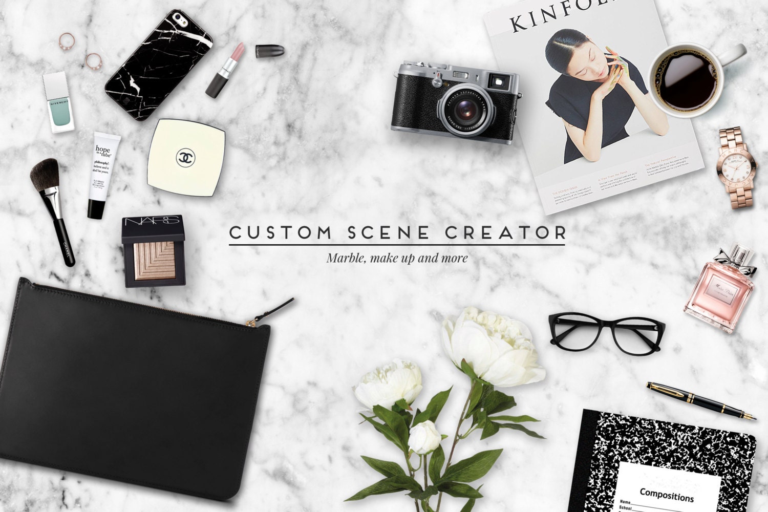 Custom scene creator. Marble and make up. Feminine mock up.
