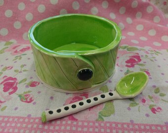 Handmade Pottery Salt Cellar with Spoon Made in UK Ceramic Salt Server - Apple Green