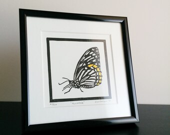 Original hand tinted linocut block print: "Monarch" - limited edition hand pulled fine art block print (5 x 5" - unframed)