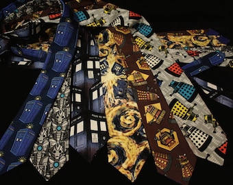 Doctor Who men's neck tie, gifts for nerd geek guys for him, Dalek, Cybermen, TARDIS, Steampunk Dalek by My Funky Camelot