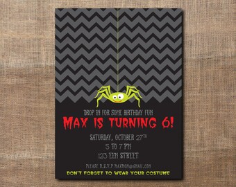 Spider Halloween Costume Party Custom Birthday Printable Invitation for Kids, Boys or Girls Chevron (Zig Zag)