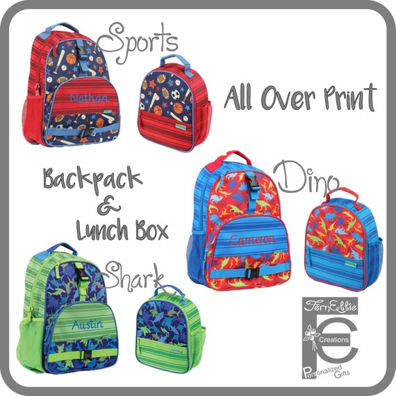 Stephen Joseph Kids All Over Print Backpack and Lunch Box, Personalized Children's Backpack and Lunch Box, Dino, Sports and Shark.