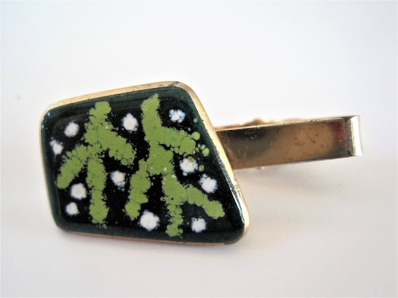 Green Enamel Tie Bar, Mid Century, Light Green Cactus, Dark Green Background, Gift for Man