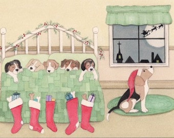 12 Christmas cards: Beagle family all tucked in for Christmas Eve / Lynch folk art