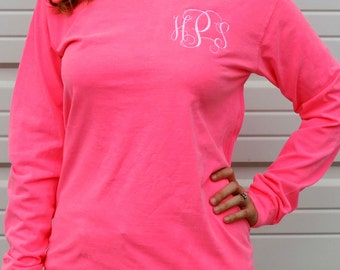 Comfort Colors Long Sleeve Monogrammed T-Shirt (Adult Embroidered Monogram Unisex Tee Shirt Sizes S-3X) 6014