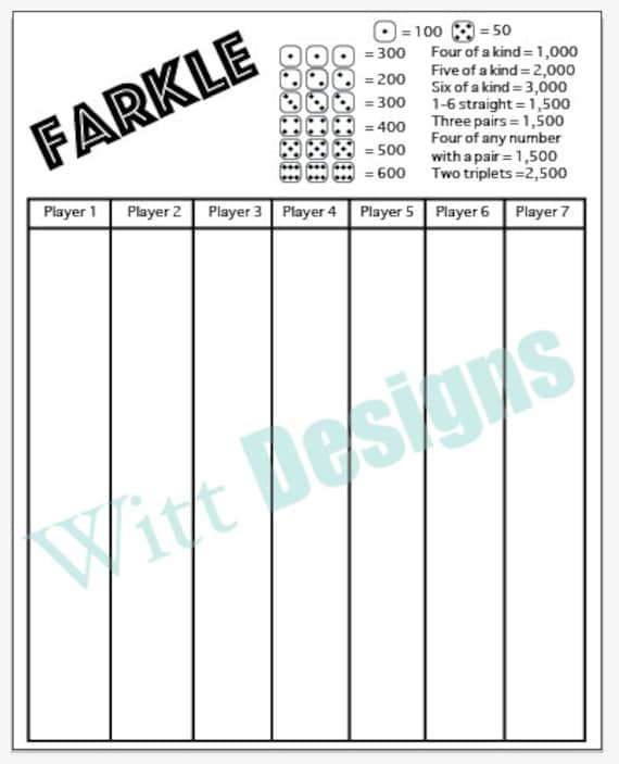 Printable Farkle Score Sheet