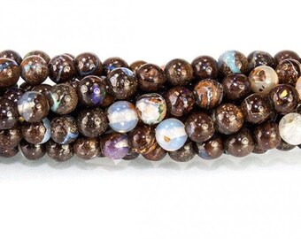 Boulder Opal Smooth Round Beads - 5 Beads, Australian Opal, October Birthstone, Genuine Opal, Gemstone Beads, Brown Opal, Unfaceted Opal |10