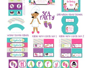 Spa Party Printables Package, Spa Birthday, Personalized Printable Decorations. Spa Party Supplies, Tan Spa girls, Hispanic Girls spa party