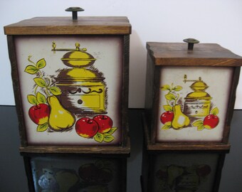 Vintage 1960's All Wood Kitchen Canisters - Set of 2