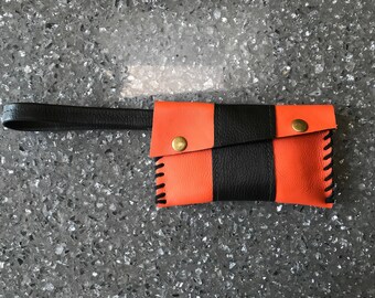 Orange and Black Grain Leather Small Wristlet