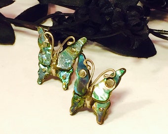 Beautiful Old Mexican Butterfly Sterling Silver Mother of Pearl Vintage Earrings
