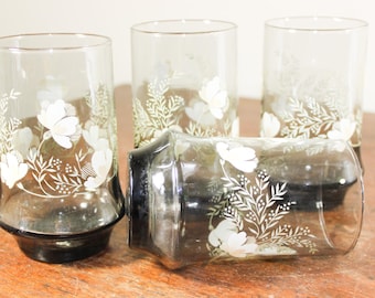 Set of 4 Libbey Glass Tumblers - Floral - Flower Design - Vintage Barware - Gifts for Her
